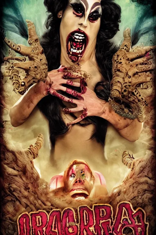 Image similar to drag queen monster in horrific eldritch horror movie poster