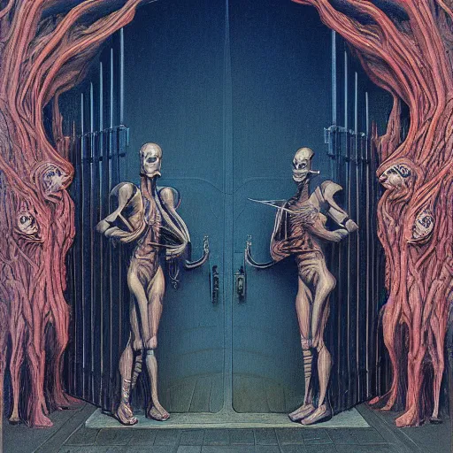 Image similar to painting of otherworldly creatures standing in front of a mysterious gate, by wayne barlowe