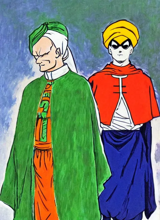 Image similar to turban and shoulder pads with cape wearing john paul ii as piccolo from dragon ball z by claude monet