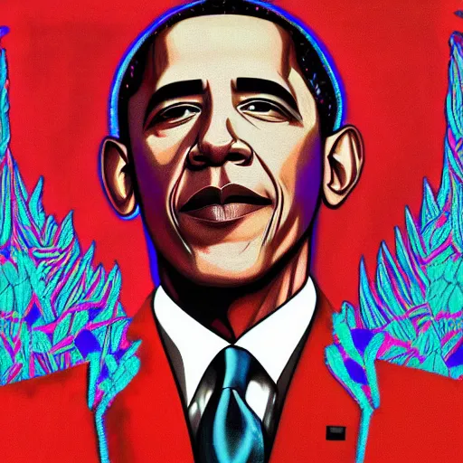 Image similar to obama on dmt, dmt artwork, obama in a sweet suit, presidential art