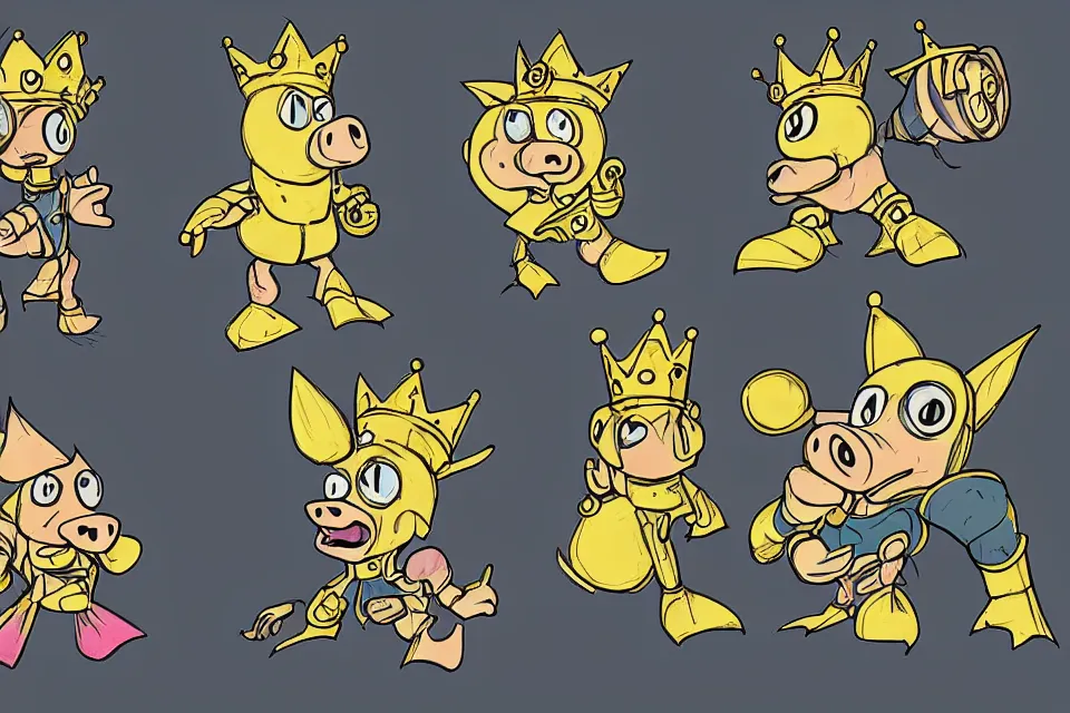 Prompt: concept sketches of a pig wearing a gold crown side profile by jamie hewlett, in the style of megaman