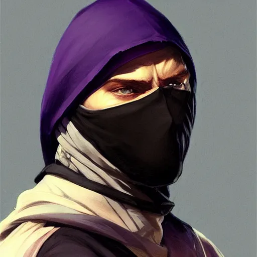 Image similar to ultra realistic illustration, man in a black hood, in a striped purple balaclava, mysterious, highly detailed, digital painting, artstation, concept art, smooth, sharp focus, illustration, art by artgerm and greg rutkowski and alphonse mucha