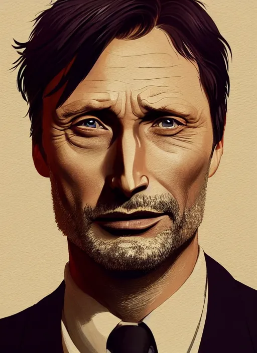 Prompt: portrait of mads mikkelsen, artstation, detailed cartoon, elegant, digital painting, concept art, smooth, sharp focus, illustration, ghibli, makoto shinkai, don bluth, fujita goro, jean giraud, akihiko yoshida, tom whalen 8 k