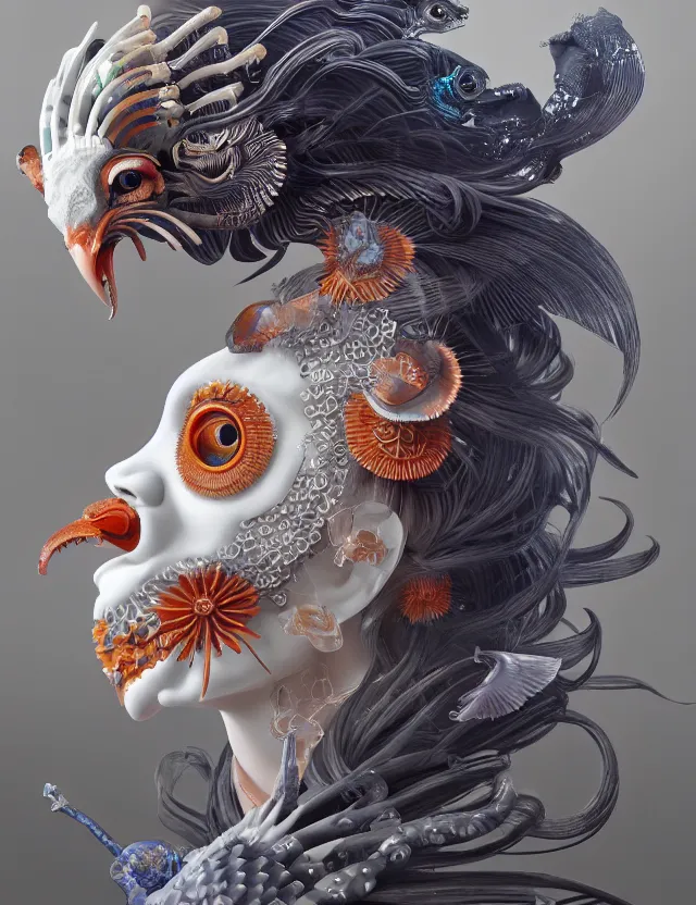 Image similar to 3 d goddess close - up frontal portrait with ram skull. beautiful intricately detailed japanese crow kitsune mask and clasical japanese kimono. betta fish, jellyfish phoenix, bio luminescent, plasma, ice, water, wind, creature, artwork by tooth wu and wlop and beeple and greg rutkowski