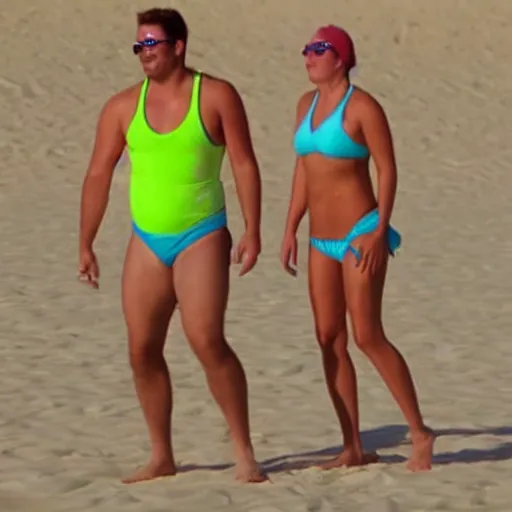 Prompt: Mike Wazowski and Sully playing beach volleyball, bikini, sandy beach,