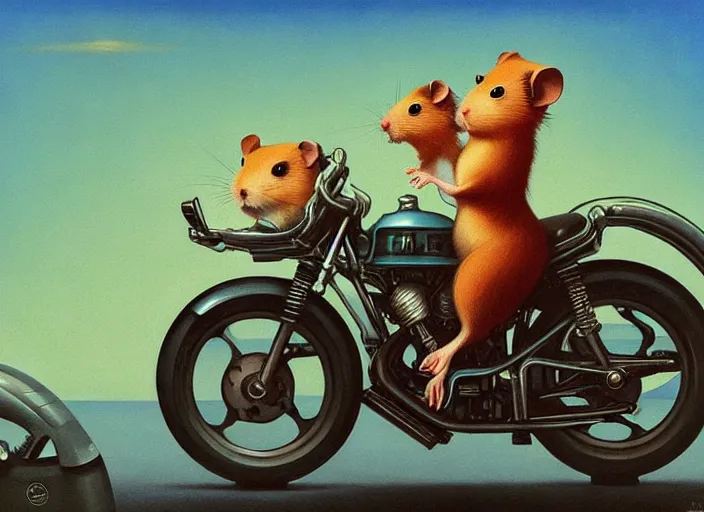 Image similar to a cute hamster riding a motorcycle, Edward Hopper and James Gilleard, Zdzislaw Beksinski, Mark Ryden, Wolfgang Lettl highly detailed