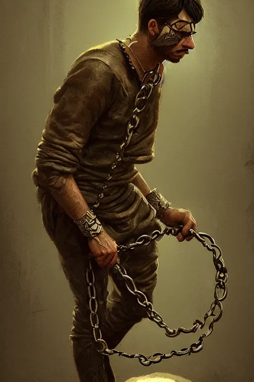 Prompt: cery tired man man chained to a game xonsole, retro picture, fantasy, intricate, elegant, highly detailed, digital painting, artstation, concept art, addiction, chains, smooth, sharp focus, illustration, art by ilja repin