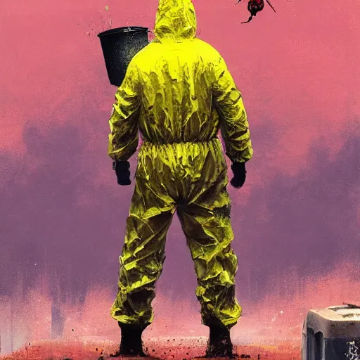 Prompt: a painting of a man in a yellow bio hazard suit holding a bucket and looking at godzilla sized spider, poster art by jakub rozalski, trending on artstation, nuclear art, apocalypse art, dystopian art, poster art