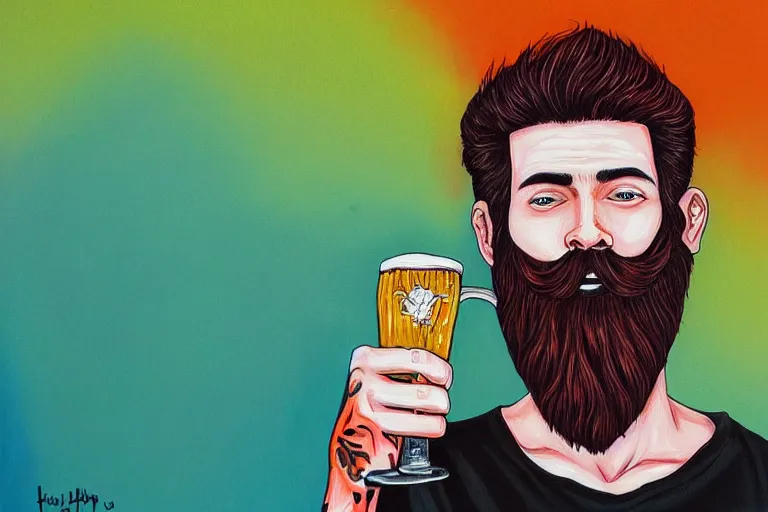 Image similar to a young man holding a beer giving a thumbs up with a long beard, detailed, uncropped, painted by Harumi Hironaka