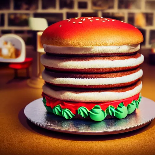 Prompt: cake art, hamburger cake, tasty, youtube, photography, 8 k, octane render, ultra - realistic, intricate details, food, instagram, sharp focus, depth of field, bokeh, daniel krieger, gourmet, lisa frank - s 5 0