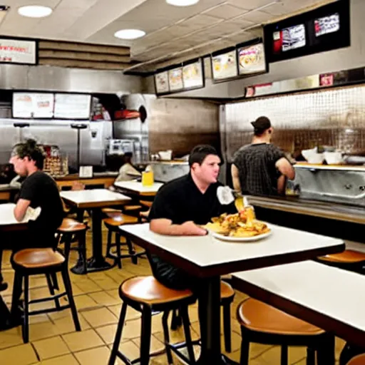 Image similar to busy wafflehouse interior with customers eating breakfast and wafflehouse employees serving food and cooking behind countertop bar that has customers sitting at