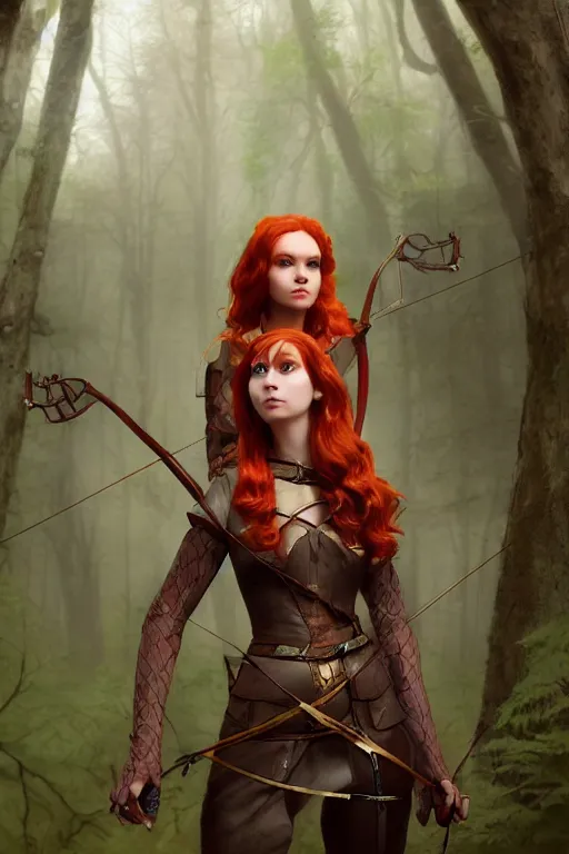 Prompt: Portrait of a Beautiful Redhead archer lady, full forest suit, matte painting, concept art, high fantasy, artstationhd