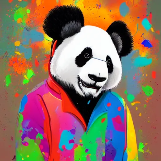 Image similar to colorful illustration of panda in headphones, colorful splatters, by andy wrahol and zac retz and kezie demessance