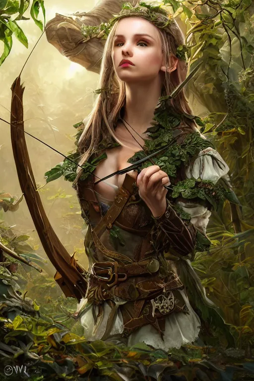 Image similar to a beautiful young woman, an elf ranger with bow and arrow, long flowing hair with hood, mostly green and brown leather pirate armor, young female face, vine like plants and jungle background, cinematic top lighting, insanely detailed and intricate, face by wlop, Charlie Bowater, golden ratio, symmetric, elegant, ornate, luxury, elite, matte painting, MTG, magic the gatheing, cinematic, cgsociety, 8k, high resolution