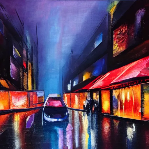 Image similar to city streetscape, dark road with cars, people at night, tall buildings with shops below at street level, neon lights above shops, headlights and stop lights illuminating surroudings, raining, very dark lighting, abstract oil painting