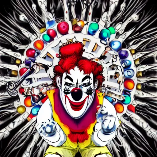 Image similar to 4K headshot of godlike clown with clown nose and defined arms and open hands and bloody clothes with giant mandala wings , intricate runny clown face make-up , flawless anime cel animation by Kentaro Miura, psychedelic , highly detailed upper body , professionally post-processed , beautiful, scary, symmetry accurate features, epic, octane rendered, anime masterpiece, accurate