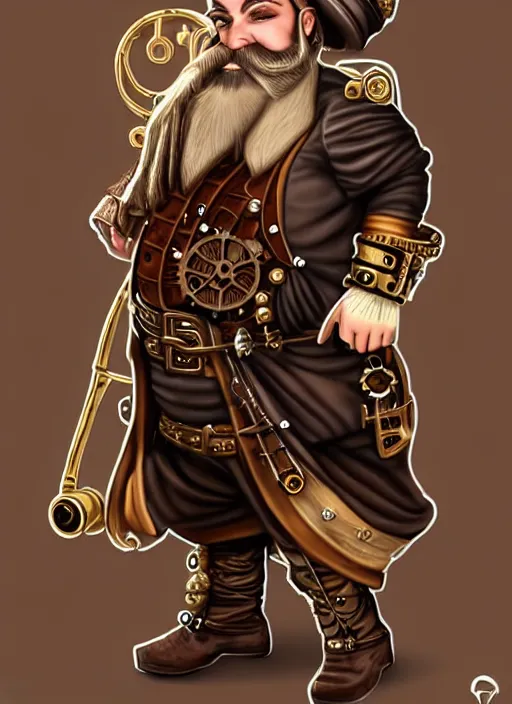 Image similar to Steampunk dwarf with a beard female glamor bard speaker of a small town and fashionable female in high-end Oscar de la Renta