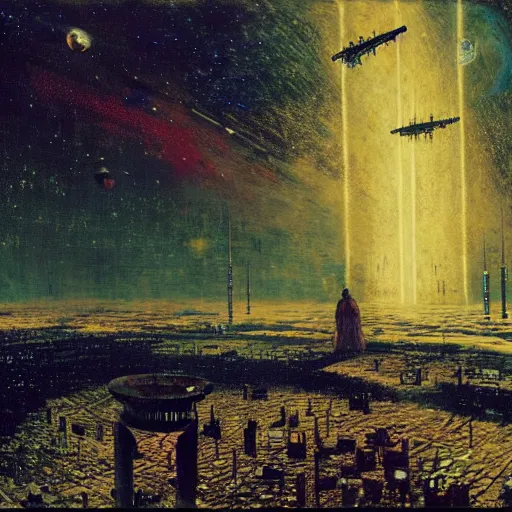 Image similar to A Holy war in space, by John Atkinson Grimshaw.