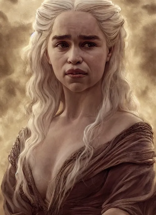 Image similar to Emilia Clarke as Daenerys Targaryen taking a rest under tree after an long adventure, a ruggedly muscled handsome heroine, intricate, elegant, highly detailed, centered, digital painting, artstation, concept art, smooth, sharp focus, illustration, artgerm, donato giancola, Joseph Christian Leyendecker, WLOP, Artgerm, thunder storm