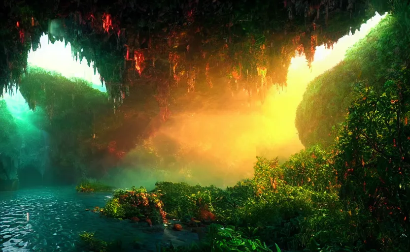 Prompt: a beautiful and stunning professional digital photo of a humongous crystal cave, vines, haze, waterfall, volumetric lighting, hyperrealistic, red, yellow, green, blue, sunset, unreal engine 5, ultra detail