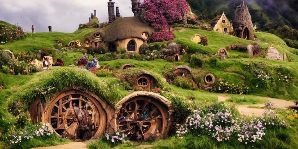 Image similar to a still from howl's moving castle of hobbiton in the shire