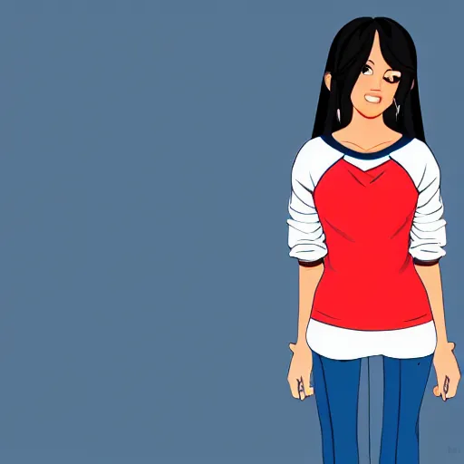 Image similar to character design of a latina cute girl using tight white and red raglan sleeves with tight blue jeans and cool shoes, having silky long black hair with bangs