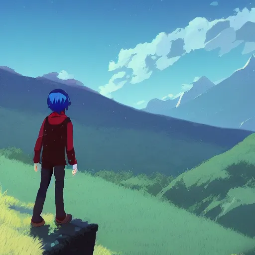 Prompt: teen boy, blue hair, standing on a ledge, fields and mountains in the background, highly detailed, artstation, by makoto shinkai and thomas kindle and James gilleard