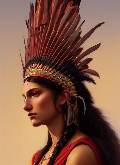 Image similar to gorgeous redskin woman wearing headdress, intricate, elegant, highly detailed, artstation, concept art, smooth, sharp focus, illustration, art by greg rutkowski and stefan kostic and bouguereau