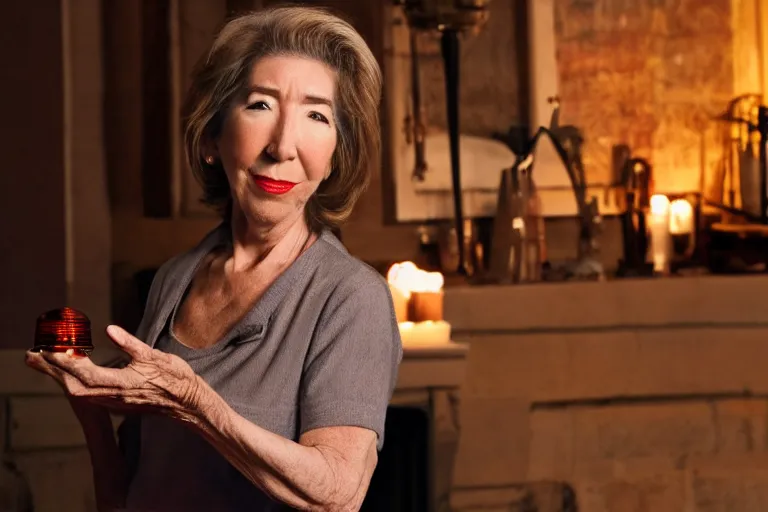 Image similar to a cinematic medium shot of lin shaye holding an oil lamp, realistic, cinematography, dutch angle, 5 0 mm, 3 point lighting, dark setting