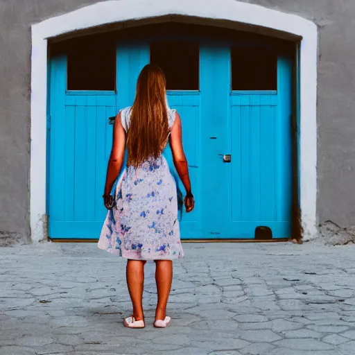 Image similar to a woman on the street, facing a blue portal that leads to a beach at sunset