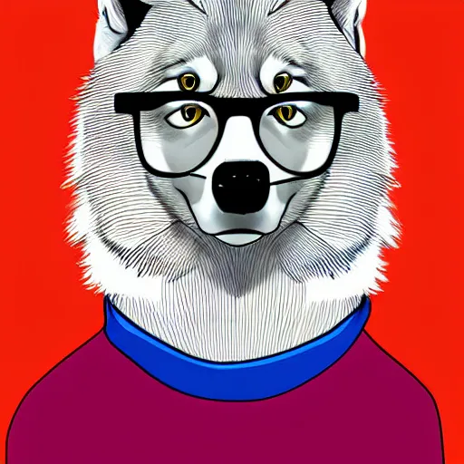 Prompt: a handsome wolf wearing a turtleneck and glasses; digital art