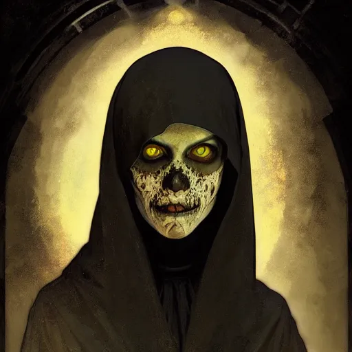 Image similar to A portrait of A zombie nun glowing black by greg rutkowski and alphonse mucha,In style of digital art illustration.Dark Fantasy.darksouls.hyper detailed,smooth, sharp focus,trending on artstation,4k