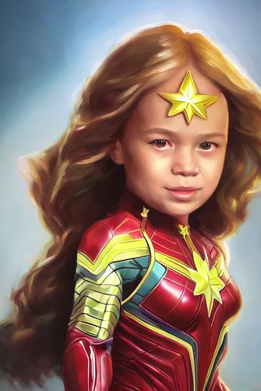 Image similar to a little girl with a michievous face and wavy curly light brown hair. she is dressed as captain marvel, a superhero. clean elegant painting, beautiful detailed face. by artgerm and greg rutkowski