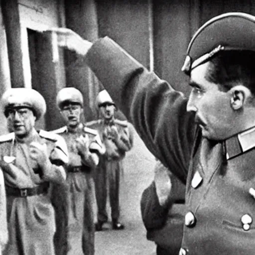 Image similar to youtube influencer prison guard saluting Stalin in style of American propaganda poster