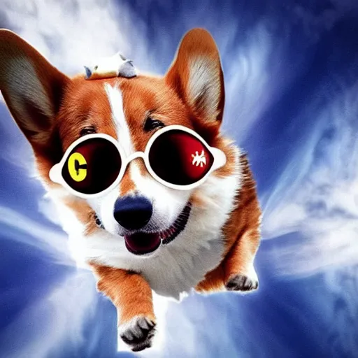 Prompt: a realistic photo of a corgi in a superhero costume flying through the clouds, closeup shot, high fur detail, an eye mask, determination, paws outstretched, soaring, epic sun rays and day lighting