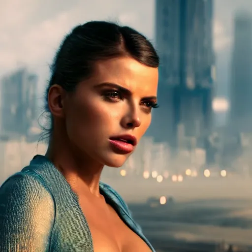 Prompt: 8 k hyper realistic close range shot of blade runner 2 0 4 7 with adriana chechik with natural hair, sweaty, realistic skin with imperfections, very small lips, blue summer dress. long blonde hair flowing in the wind. urban landscape in the background with strong sun. lenses 5 0 mm