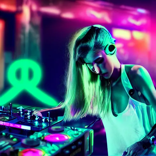 Image similar to a female woman dj playing music on a controller under the stars at a rave party, wearing headphones, long blonde hair with a side part, small kitten sitting nearby, neon pink, neon purple, octane 8 k render, hyper realistic, cyberpunk