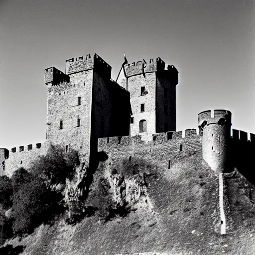 Image similar to a medieval castle on a hill, surrounded by renaissance era fortress walls, surrounded by barbed wire and trenches, black and white photography, 3 5 mm film