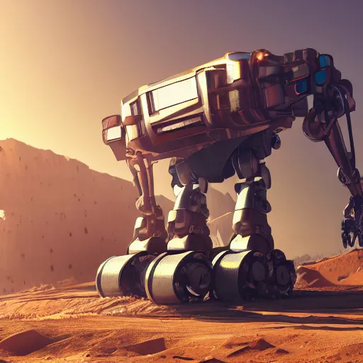 Prompt: giant quadrupedal mining robot, futuristic look, highly detailed body, industrial robot, photorealistic camera shot, bright studio setting, studio lighting, crisp quality and light reflections, unreal engine 5 quality render, artstation