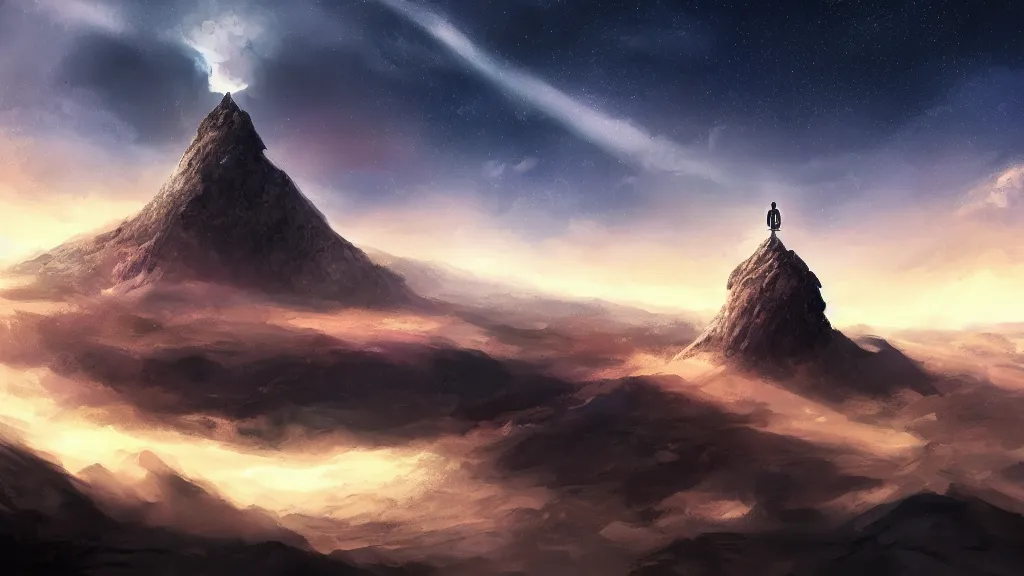 Image similar to someone standing at the peak of a mountain, there is a black hole in the sky, majestic, digital painting, trending on artstation