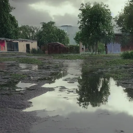 Image similar to still photo of rain puddles and reflections in an indian village, cloudy weather, highly detailed, photorealistic shot, bright studio setting, studio lighting, crisp quality and light reflections, unreal engine 5 quality render