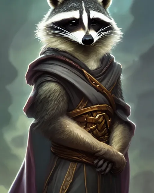 Prompt: anthropomorphic hooded raccoon cleiric, deep focus, d & d, fantasy, intricate, elegant, highly detailed, digital painting, artstation, concept art, matte, sharp focus, illustration, hearthstone, art by artgerm and greg rutkowski and alphonse mucha