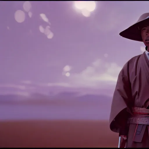 Image similar to cinematic film still Pharrell Williams starring as a Samurai holding fire, Japanese CGI, VFX, 2003, 40mm lens, shallow depth of field,film photography