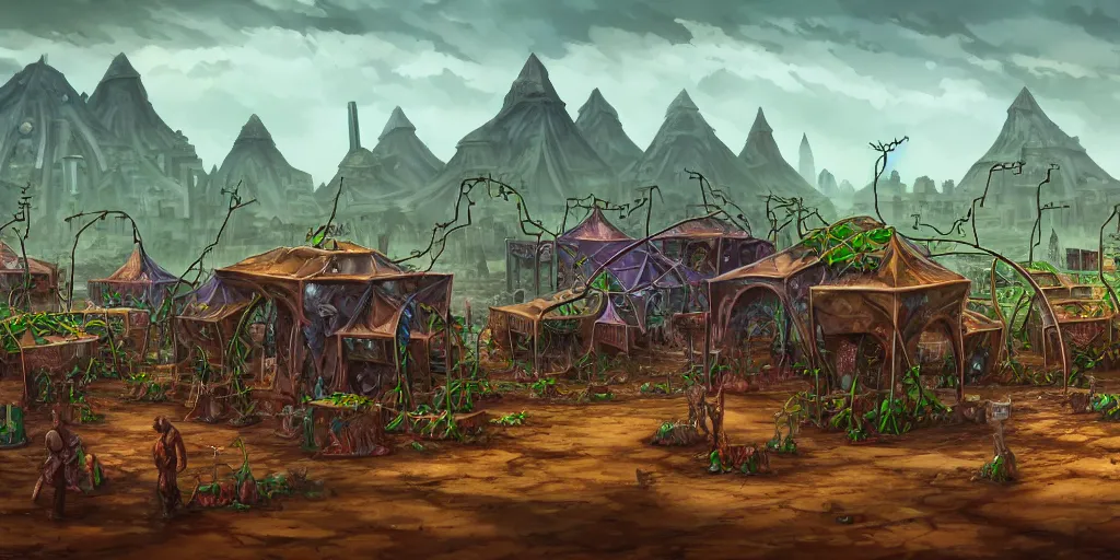 Image similar to colored merchant tents surrounded by chrome pyramids, rusted plants and vines, matte oil painting, retrofuturistic, science fantasy, mutant, lgbt, queer, rpg, epic, badlands, slime, sentient, dungeons & dragons, sacred, sharp focus, award - winning, extremely detailed, 4 k, 8 k