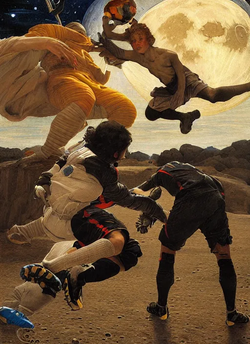 Image similar to a soccer match on the moon by edgar maxence and caravaggio and michael whelan and delacroix style, artistic, intricate painting, cinematic lighting, hyper realistic, extremely detailed, establishing shot, 8 k resolution, dramatic lighting