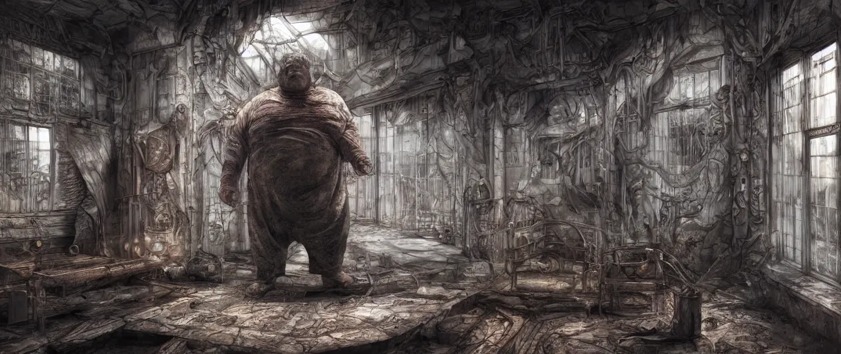 Image similar to baron harkonnen designed by hr giger junji ito moebius yasushi nirasawa, hdr, octane render, emerging from a black oil bath, sanitarium type room with angular windows, sunset emoting through windows, volumetric lighting, photorealistic, 8 k