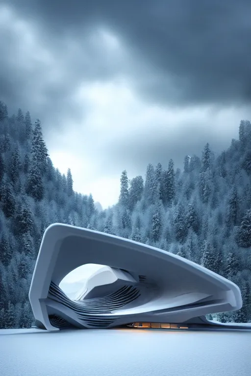 Image similar to a futuristic scene in front of a zaha hadid building in the forrest of the french alps in the style of chris moore, stormy moody weather, cinematic matte painting, extreme detail 8 k photo quality, pastel hues, snowfall, featured on behance