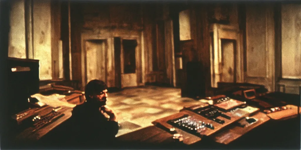 Image similar to detailed medium format photo, polaroid still from tarkovsky movie, aphex twin with his synthesizers, haze, high production value, intricate details, 8 k resolution, hyperrealistic, hdr, photorealistic, high definition, tehnicolor, award - winning photography, masterpiece, amazing colors