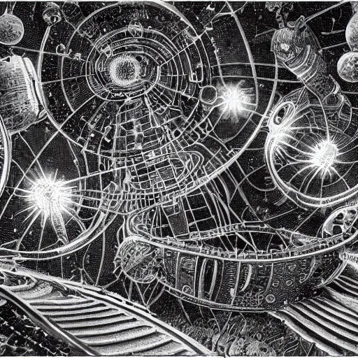 Image similar to a black and white drawing of a space station filled with equipment, a microscopic photo by ernst haeckel, zbrush central, kinetic pointillism, bioluminescence, intricate patterns, photoillustration
