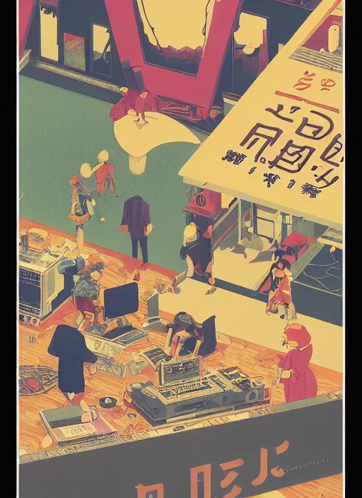 Prompt: an incredibly well designed dj party poster, risograph by kawase hasui, yoshiyuki sadamoto, tadayoshi yamamuro, jean giraud, studio ghibli, moebius and edward hopper, colorful flat surreal design, colorful flat surreal design, super detailed, a lot of tiny details, fullshot, isometric angles, xray hd, 8 k, artstation